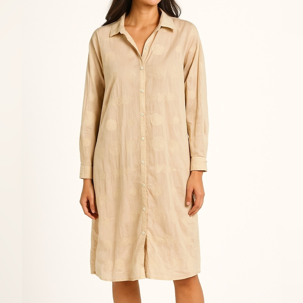 Johnny Was Embroidered Cotton Button Down Long Sleeve Shirt Dress SIZE LARGE